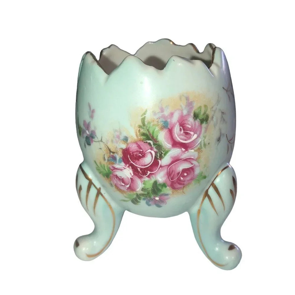 Vintage INARCO '62 Three Footed Floral Blue Gold Rim Porcelain Cracked Egg Vase